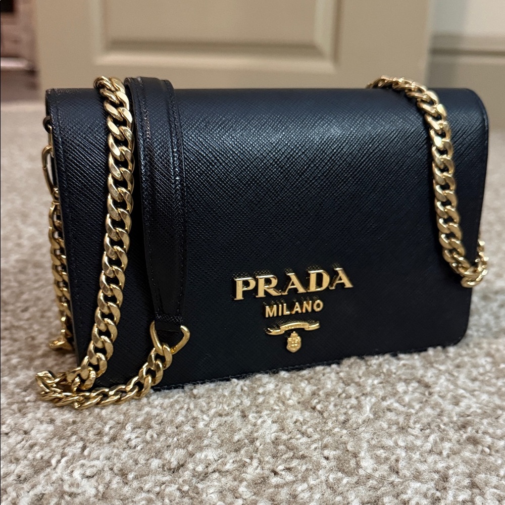 Prada Black Leather Crossbody with Gold Accents